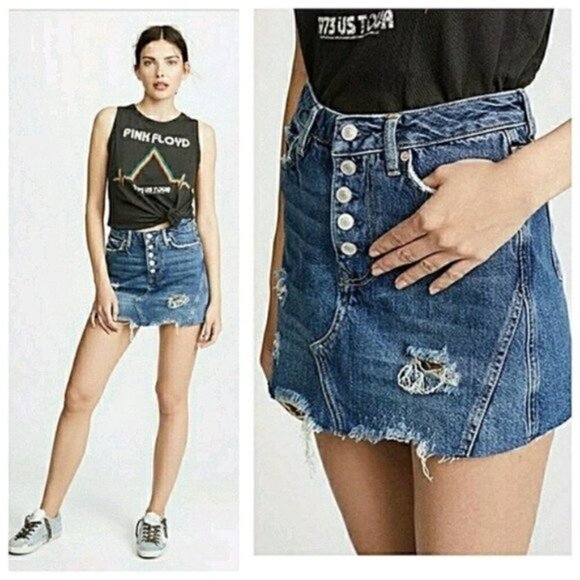 NEW Free People Harvey Distressed A-Line Button Down Mini Jean Skirt 24 - Picture 1 of 6